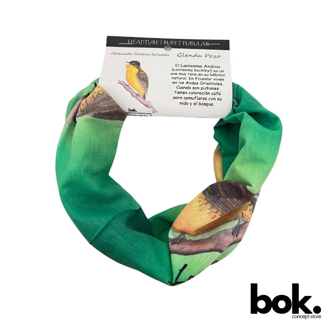 Buff ilustrado con el Lanisoma Andino, parte de la colecciΓ³n Rostros Salvajes de la biΓ³loga e ilustradora Glenda Pozo. Accesorio ecolΓ³gico y versΓ‘til con un mensaje de conservaciΓ³n ambiental.