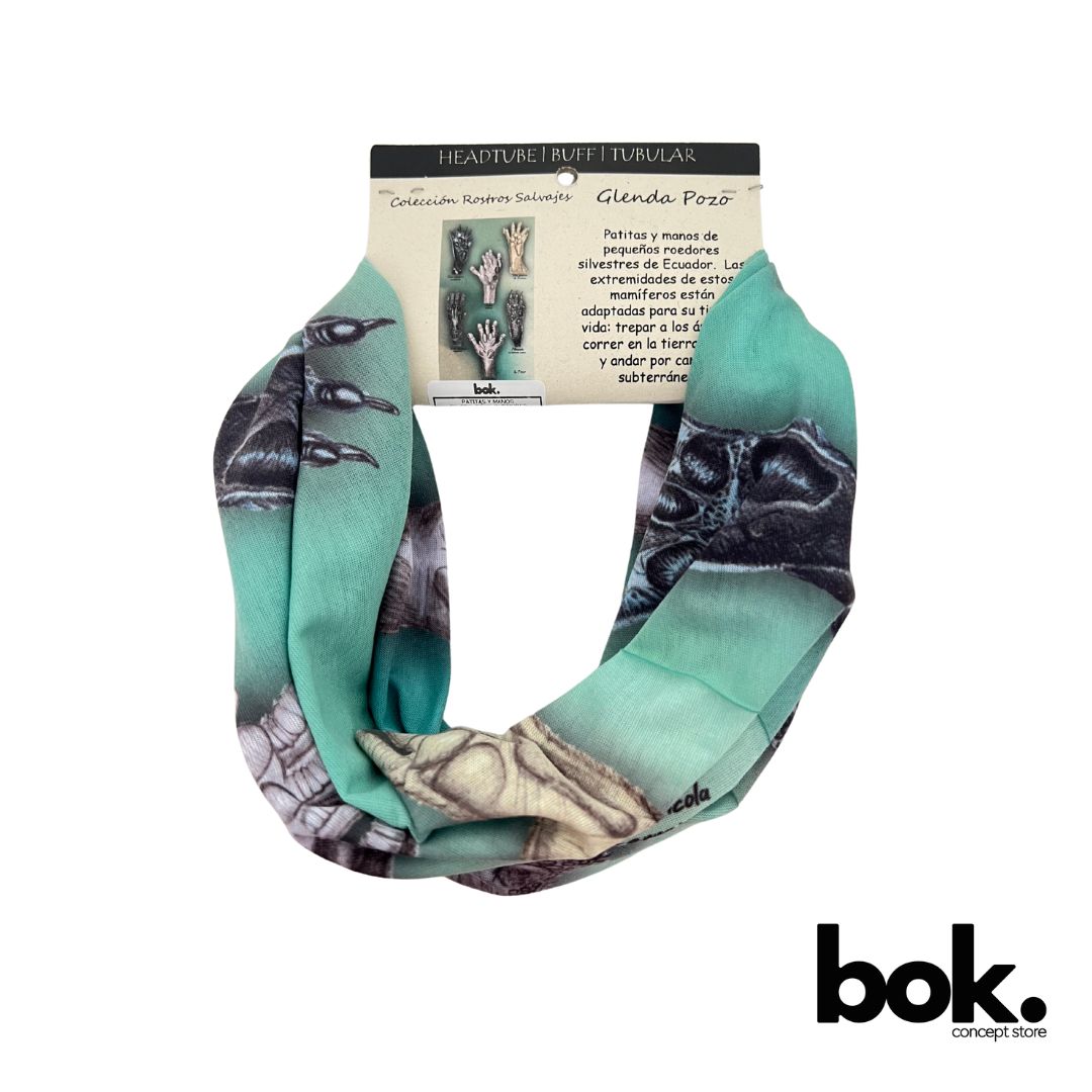 Buff ilustrado con las patitas y manos de pequeΓ±os roedores silvestres de Ecuador, parte de la colecciΓ³n Rostros Salvajes de la biΓ³loga e ilustradora Glenda Pozo. Accesorio ecolΓ³gico y versΓ‘til con un mensaje de conservaciΓ³n ambiental.