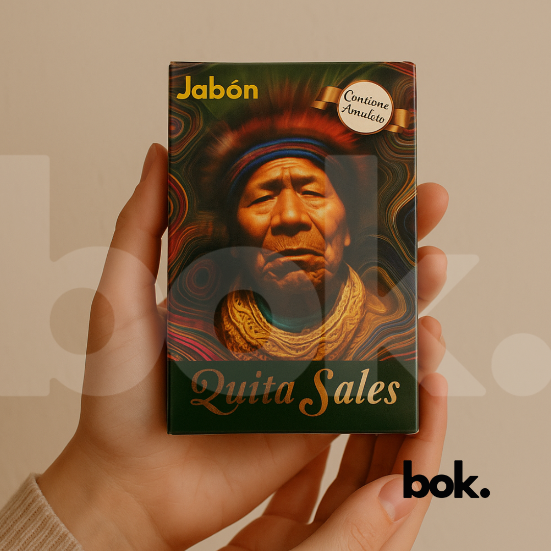 Manos sosteniendo el Jabón Quita Sales artesanal de BOK Concept Store sobre fondo neutro, fotografía lifestyle para tienda online.