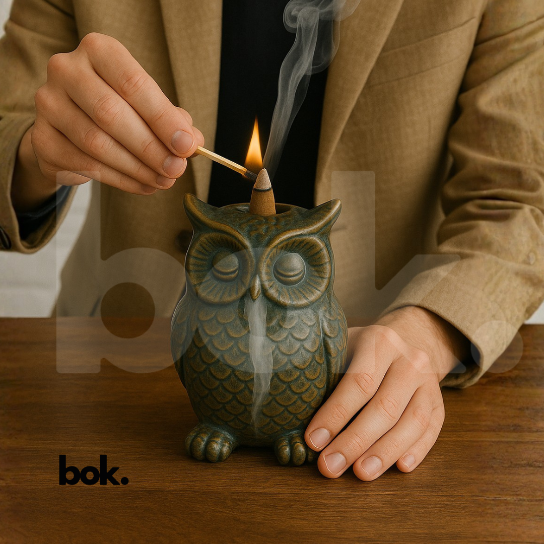 Porta conos de búho de BOK Concept Store, elaborado en cerámica artesanal, usado con un cono de incienso que libera humo suave para purificar y armonizar espacios, ideal para rituales de meditación, limpieza energética y decoración espiritual.