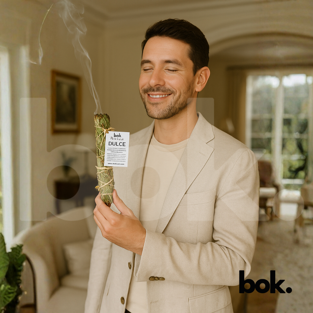 Hombre elegante utilizando el sahumerio Ritual Dulce de BOK en una sala moderna, sonriendo mientras el humo se eleva. Sahumerio artesanal hecho con plantas dulces para armonizar y atraer energía positiva.