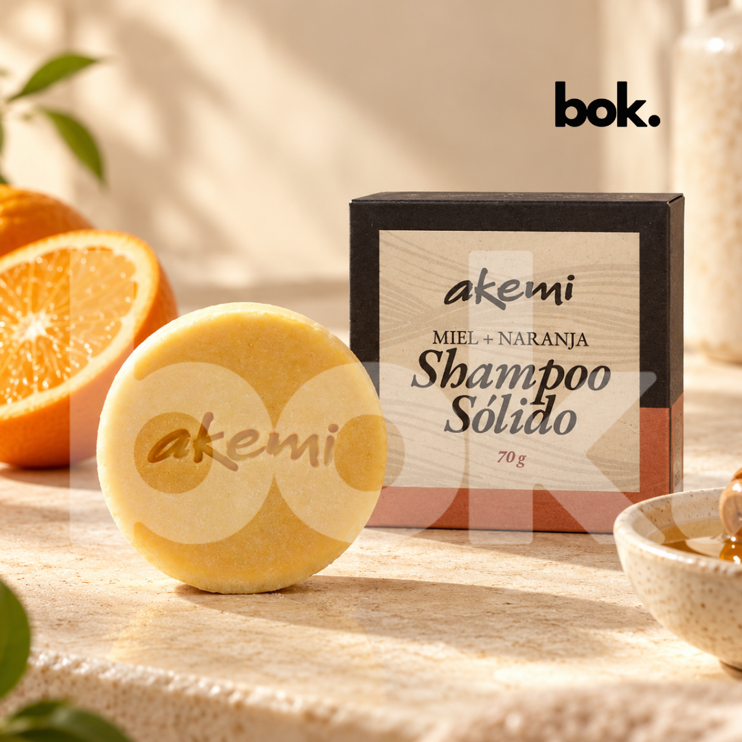 Shampoo sólido de miel y naranja para un ritual de apertura de caminos y oportunidades, junto a su empaque en BOK Concept Store Ecuador.