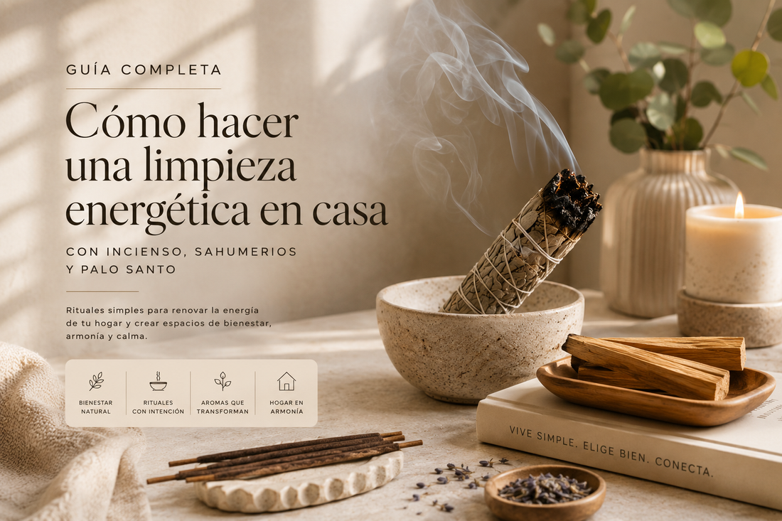 Guía de limpieza energética en casa utilizando incienso natural, sahumerios botánicos y palo santo para armonizar espacios y renovar la energía del hogar
