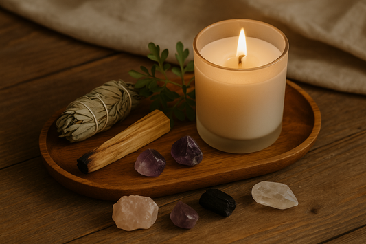 Ritual de limpieza energética del hogar con vela artesanal encendida, palo santo, ruda y cristales sobre bandeja de madera natural, fotografía cálida y minimalista de BOK Concept Store.