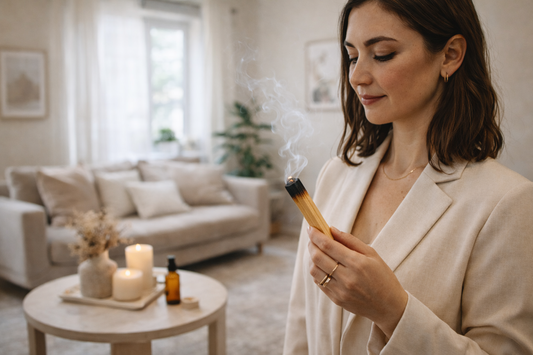 mujer elegante usando palo santo en casa para armonizar el espacio