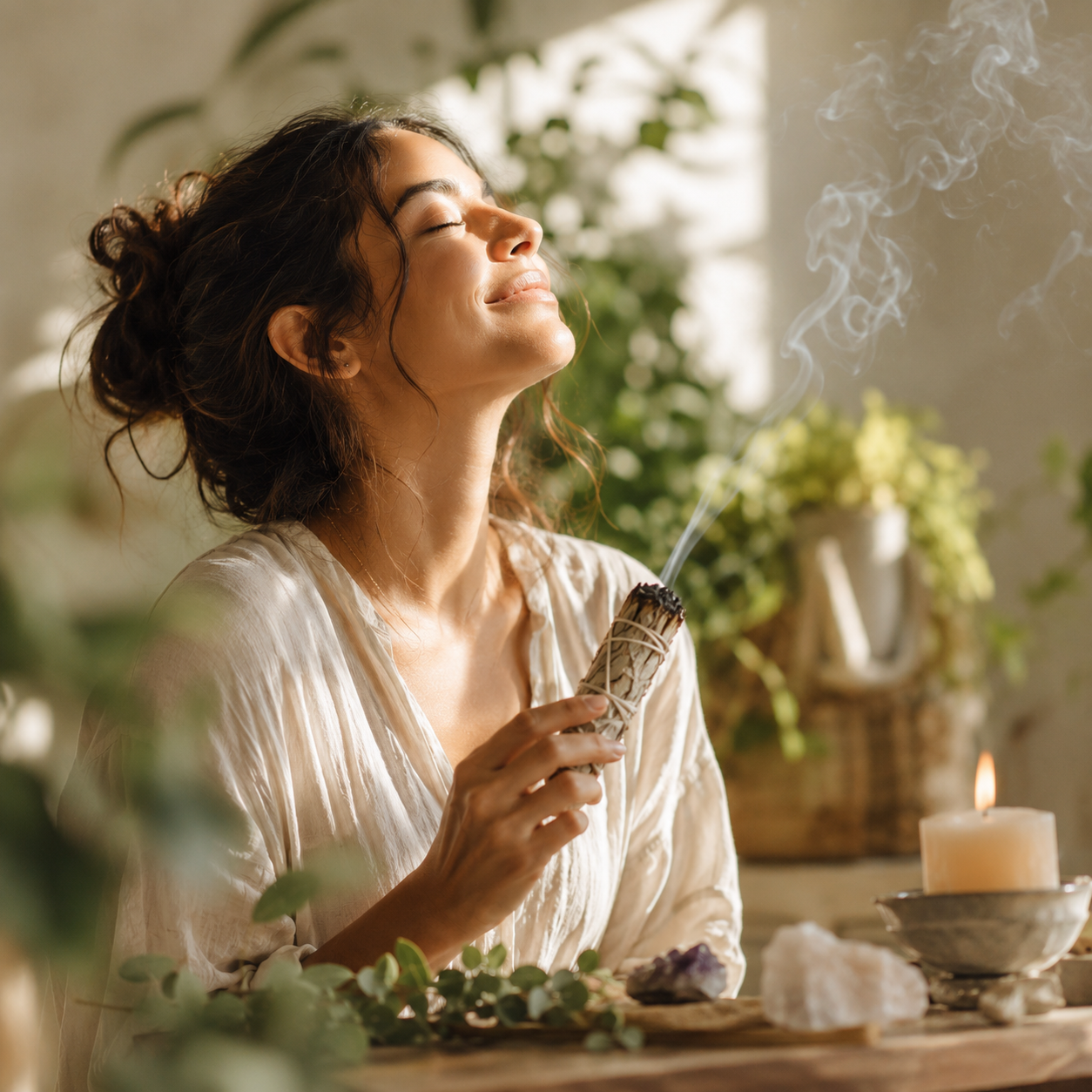 Colección BOK de limpieza energética y protección con mujer realizando un ritual de sahumerio de salvia blanca, vela, cristales y elementos naturales para armonizar el hogar y renovar la energía.