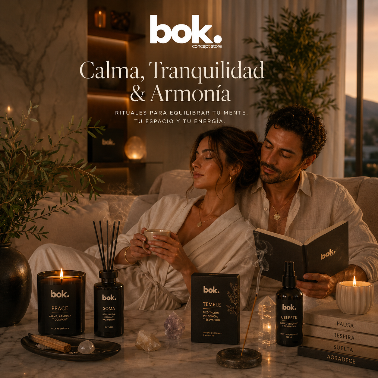 Colección BOK de calma, tranquilidad y armonía con hombre y mujer en un ritual de bienestar, rodeados de vela, incienso y elementos diseñados para crear una atmósfera serena, elegante y acogedora.
