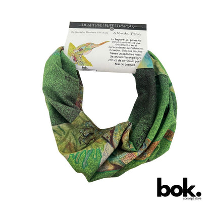 Buff ilustrado con la Lagartija Pinocho (Anolis proboscis), una especie endémica de Pichincha, Ecuador, en peligro crítico de extinción. Parte de la colección Rostros Salvajes de la bióloga e ilustradora Glenda Pozo.