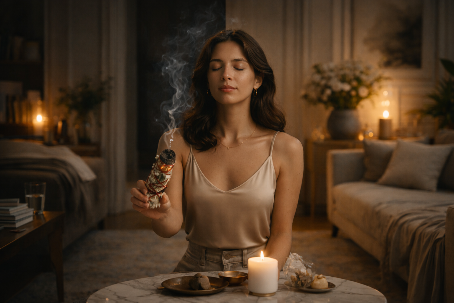 sahumerio de salvia blanca encendido en ritual de limpieza energetica en espacio elegante