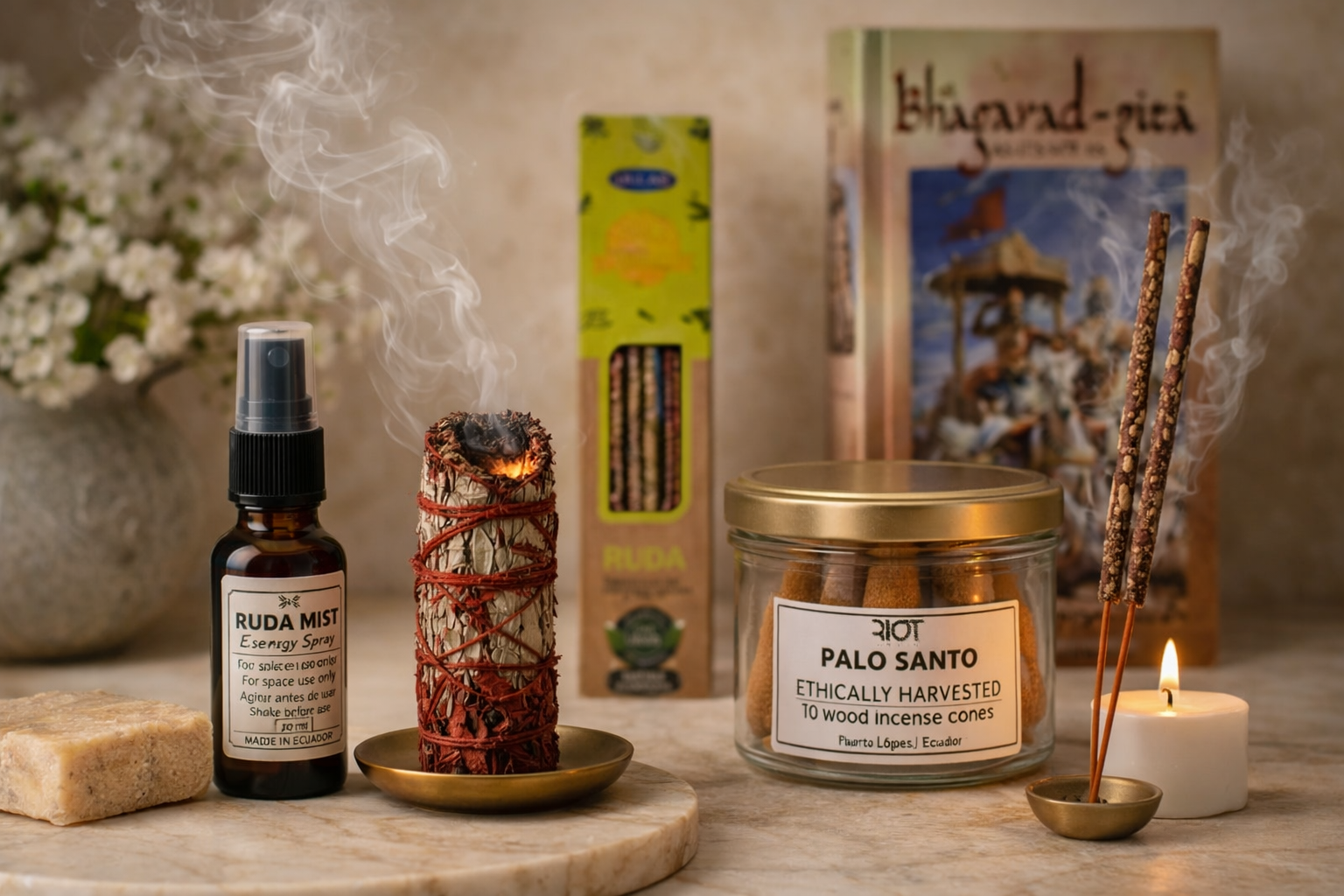 sahumerio botanico ruda mist palo santo e inciensos naturales en composicion de ritual minimalista y elegante
