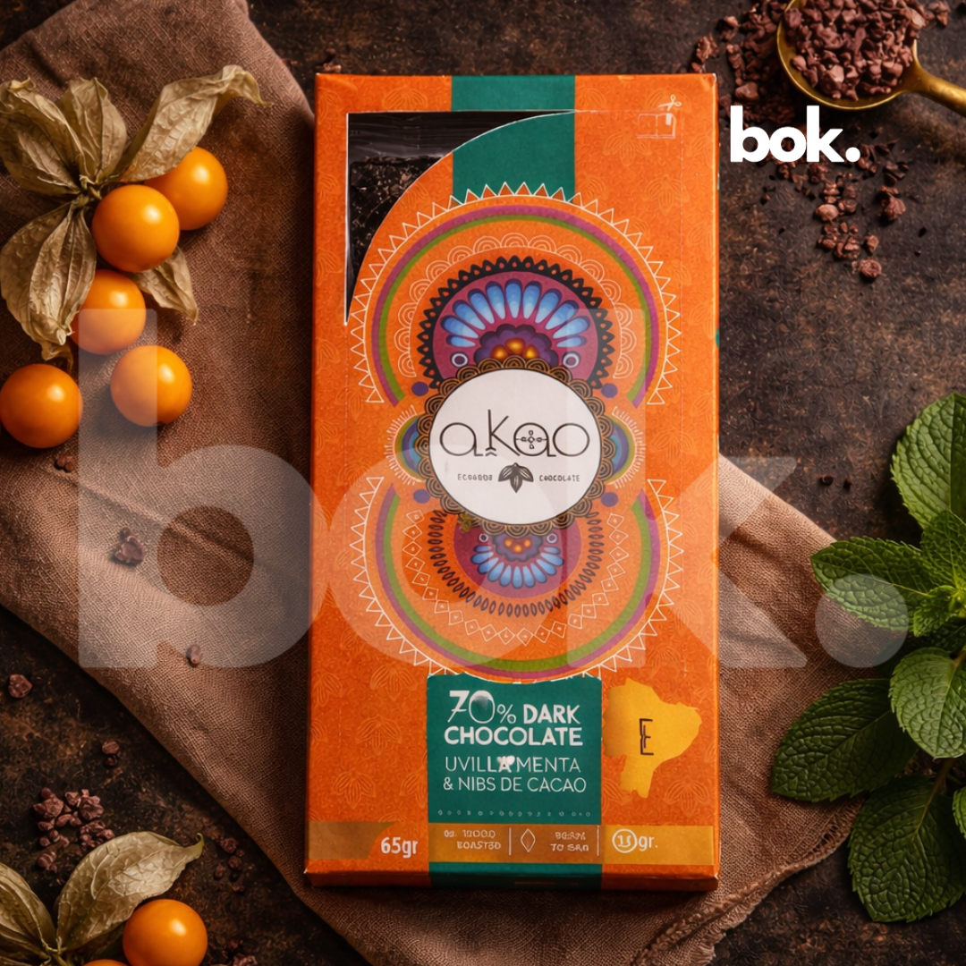 Chocolate dark 70% con uvilla, menta y nibs de cacao, empaque premium en escena lifestyle sofisticada, chocolate ecuatoriano de diseño consciente, curado por BOK Concept Store