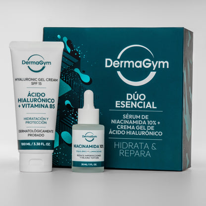 Pack Dúo Esencial DermaGym con Niacinamida 10% y Crema Hidratante AH + B5, presentado en caja blanca minimalista; disponible en BOK Concept Store.