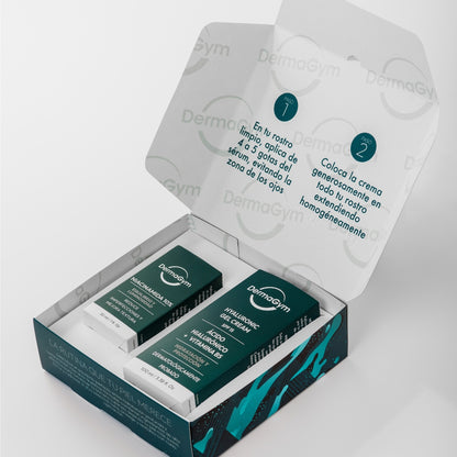 rascos del Dúo Esencial DermaGym —Niacinamida 10% y Crema Hidratante— mostrados junto a la caja del pack; producto disponible en BOK Concept Store.