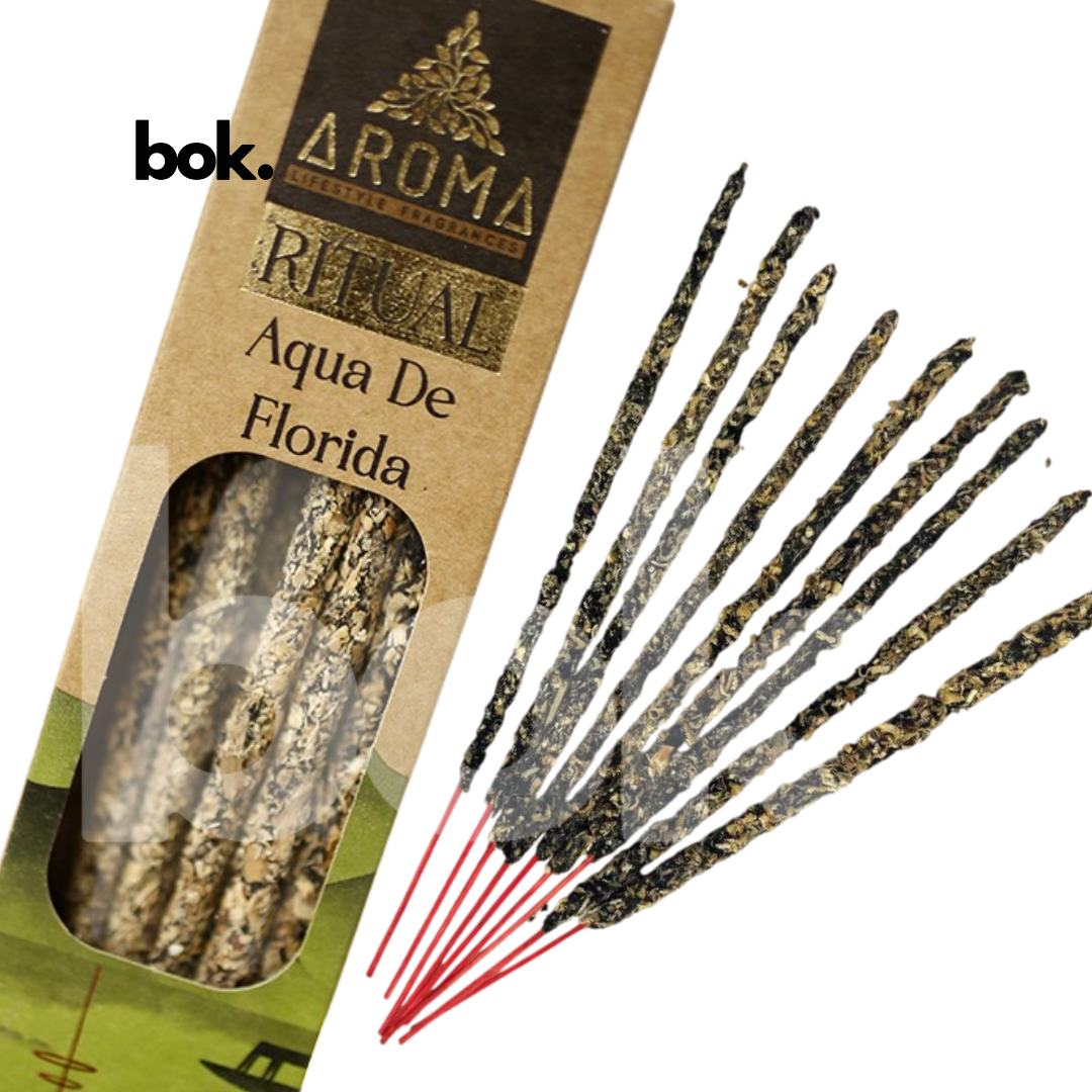Varillas del Incienso Ritual Agua Florida disponibles en BOK Concept Store. Incienso premium elaborado con ingredientes naturales para meditación, bienestar y aromatizar el hogar en Ecuador.