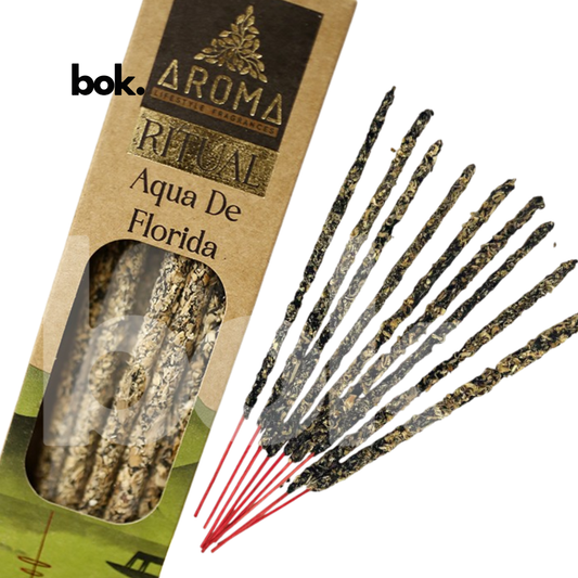 Varillas del Incienso Ritual Agua Florida disponibles en BOK Concept Store. Incienso premium elaborado con ingredientes naturales para meditación, bienestar y aromatizar el hogar en Ecuador.