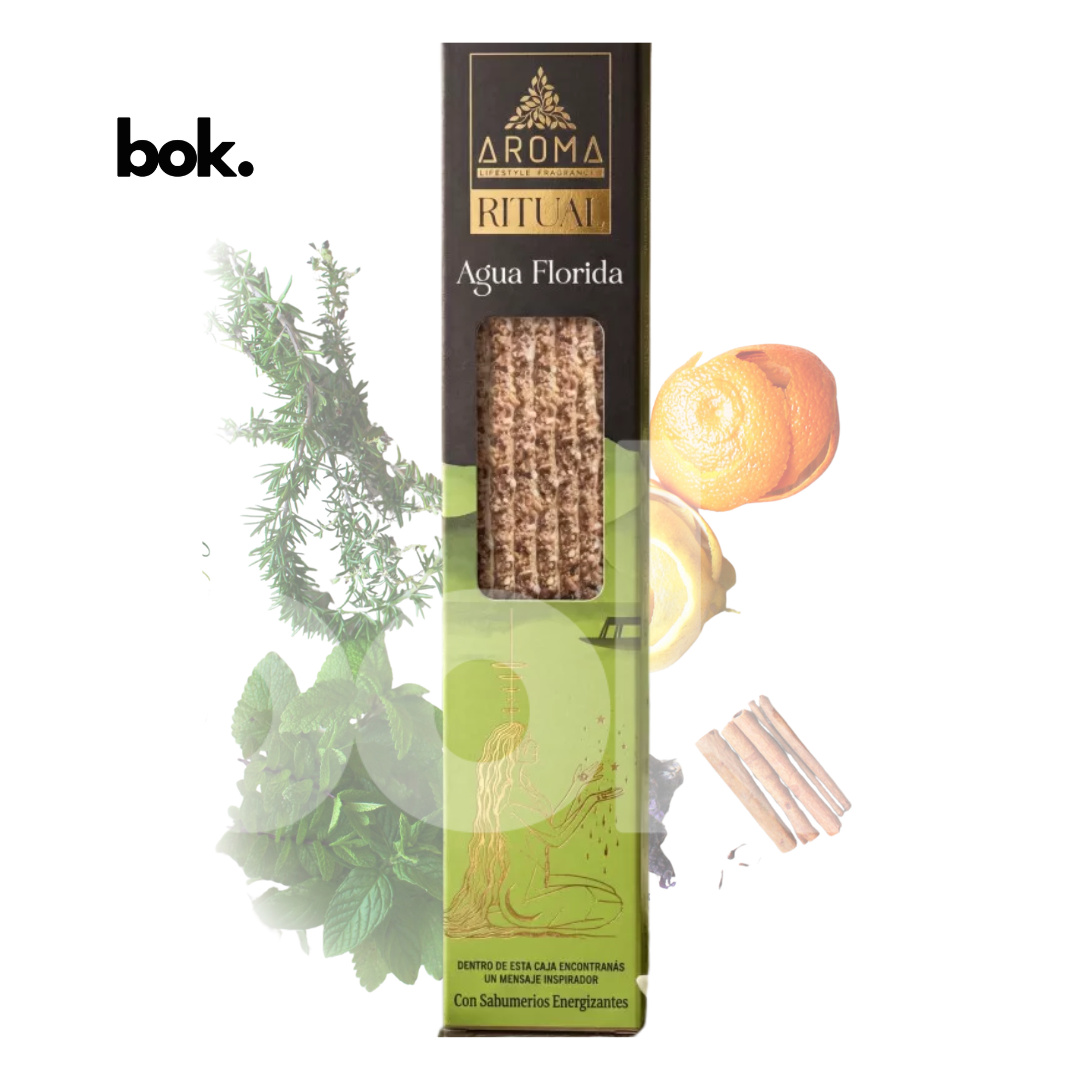 Incienso Ritual Agua Florida disponible en BOK Concept Store Ecuador. Incienso natural artesanal con aroma cítrico y herbal para acompañar momentos de limpieza, renovación y armonía.