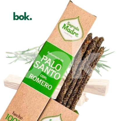 Incienso 100% Natural – Protección y Claridad (Palo Santo + Romero) de BOK Concept Store. Incienso premium con aroma amaderado y herbal para meditación, yoga, concentración y aromatizar el hogar con ingredientes naturales.
