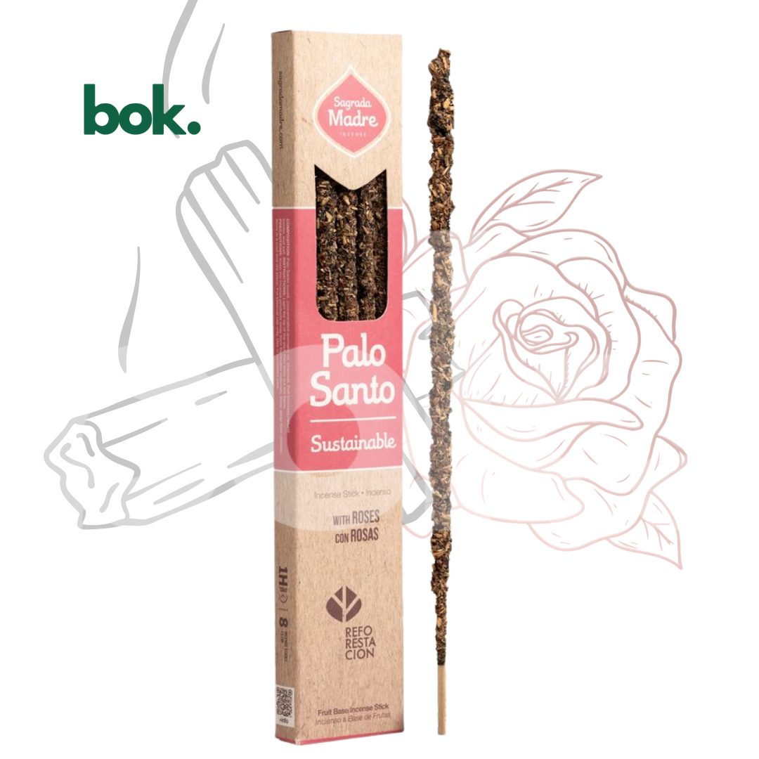 Incienso Natural de Palo Santo con Rosas, caja Sustainable de 8 varillas gruesas junto a su empaque, disponible en BOK Concept Store Quito, Ecuador.