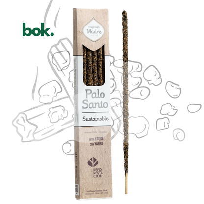 Incienso Palo Santo con Yagra, caja de 8 varillas gruesas para abundancia y prosperidad, disponible en BOK Concept Store Quito, Ecuador.