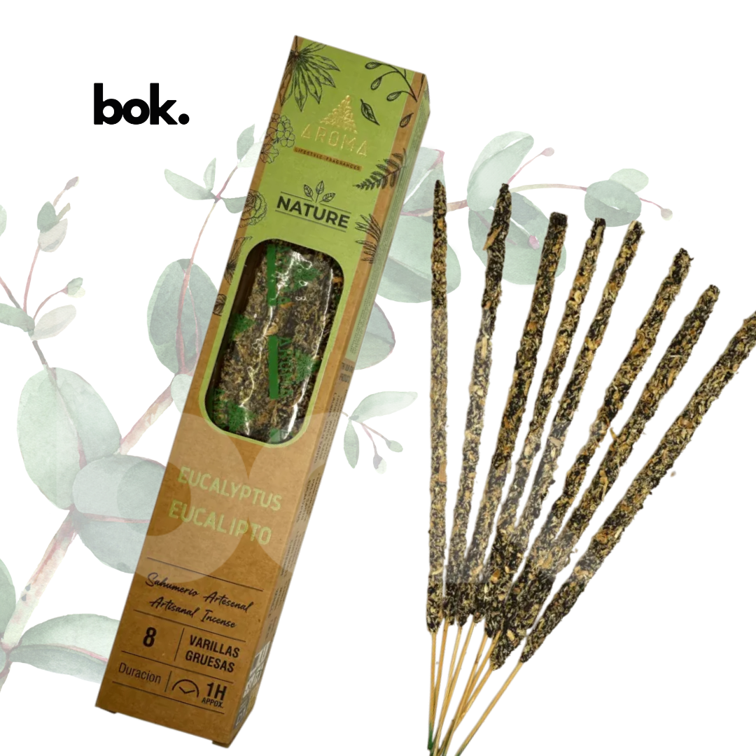 Incienso Natural de Eucalipto de BOK Concept Store Ecuador. Incienso artesanal premium con aroma herbal fresco para aromatizar el hogar, crear ambientes revitalizantes y comprar online con envíos a todo Ecuador.