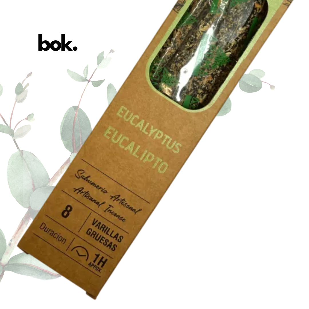 Varillas de Incienso Natural de Eucalipto de BOK Concept Store. Incienso artesanal de larga duración para meditación, yoga, aromatizar espacios y disfrutar de una fragancia fresca. Compra en BOK Ecuador.