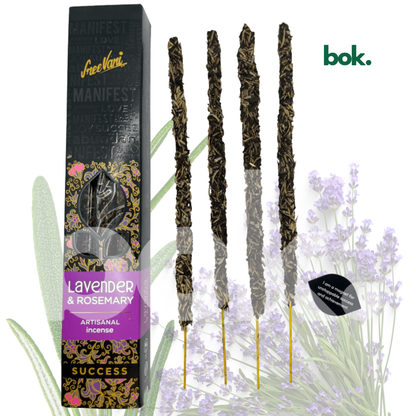 Incienso SUCCESS de Lavanda y Romero para éxito, concentración y productividad. Incienso artesanal premium ideal para alcanzar objetivos, potenciar el enfoque, estudiar, trabajar y manifestar metas personales y profesionales. Disponible en BOK Ecuador.