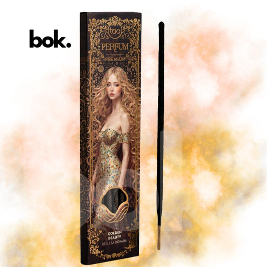 Incienso Premium Belleza Dorada de Sagrada Madre disponible en BOK Concept Store, fragancia cálida y envolvente para abundancia, autoestima, confianza y bienestar emocional.