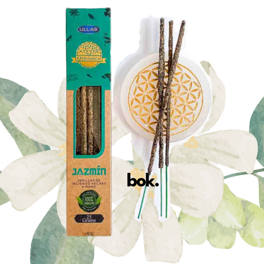 Incienso de Jazmín Ullas en presentación artesanal, hecho a mano en India con ingredientes 100% naturales.