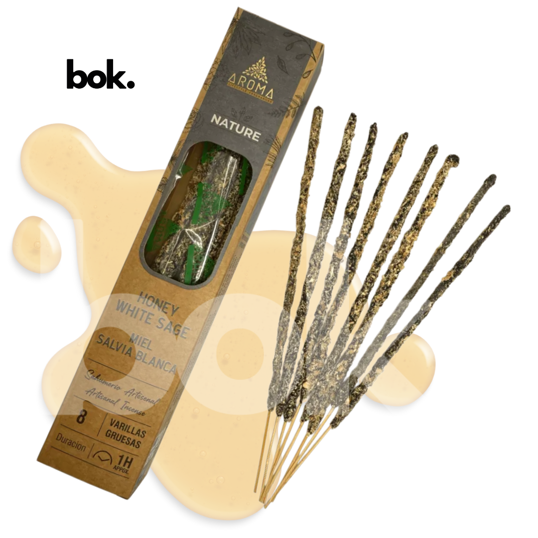 Incienso Natural Miel & Salvia Blanca de BOK Concept Store Ecuador. Incienso artesanal premium elaborado con ingredientes naturales para crear ambientes de armonía, bienestar y relajación. Compra online con envíos a todo Ecuador.