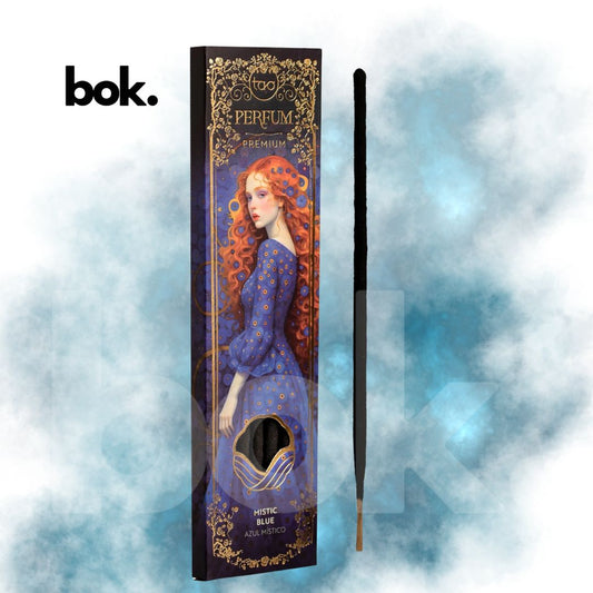 Caja de Incienso Premium Azul Místico con diseño artístico elegante y varilla de incienso artesanal, ideal para meditación, descanso y bienestar emocional en BOK Ecuador.
