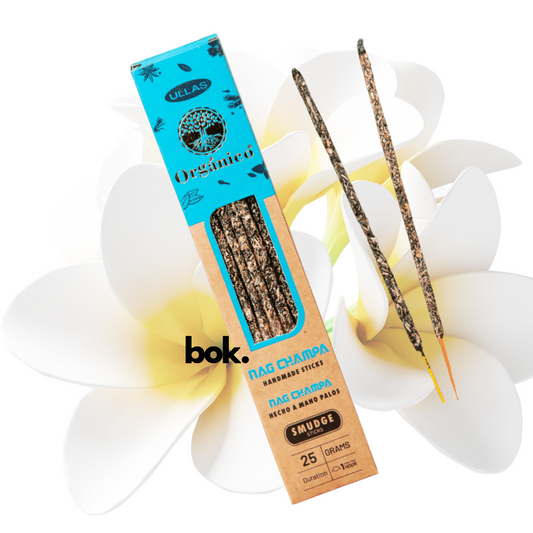 Incienso Nag Champa artesanal BOK, caja azul y kraft de 25 gramos hecha a mano en la India, sostenida por una mano sobre fondo neutro, producto natural para meditación y yoga.