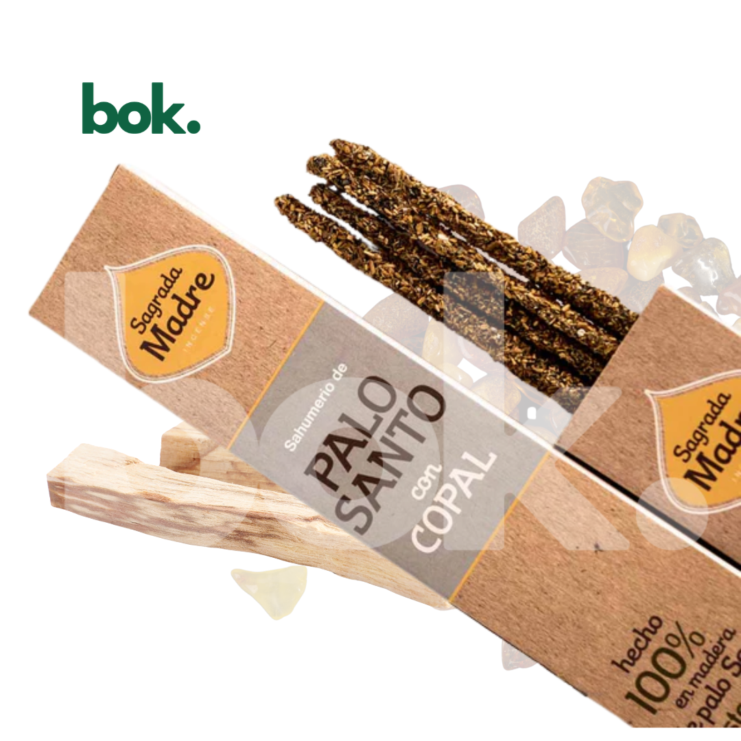 detalle de incienso artesanal palo santo con copal, varillas naturales para protección, armonización y conexión espiritual, producto premium bok concept store