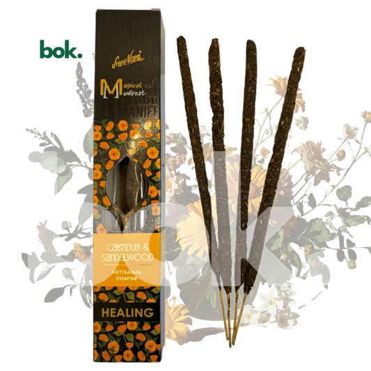 Incienso HEALING de Caléndula y Sándalo para bienestar, renovación personal y equilibrio emocional. Incienso artesanal premium ideal para relajación, meditación, mindfulness, yoga y autocuidado. Disponible en BOK Ecuador.