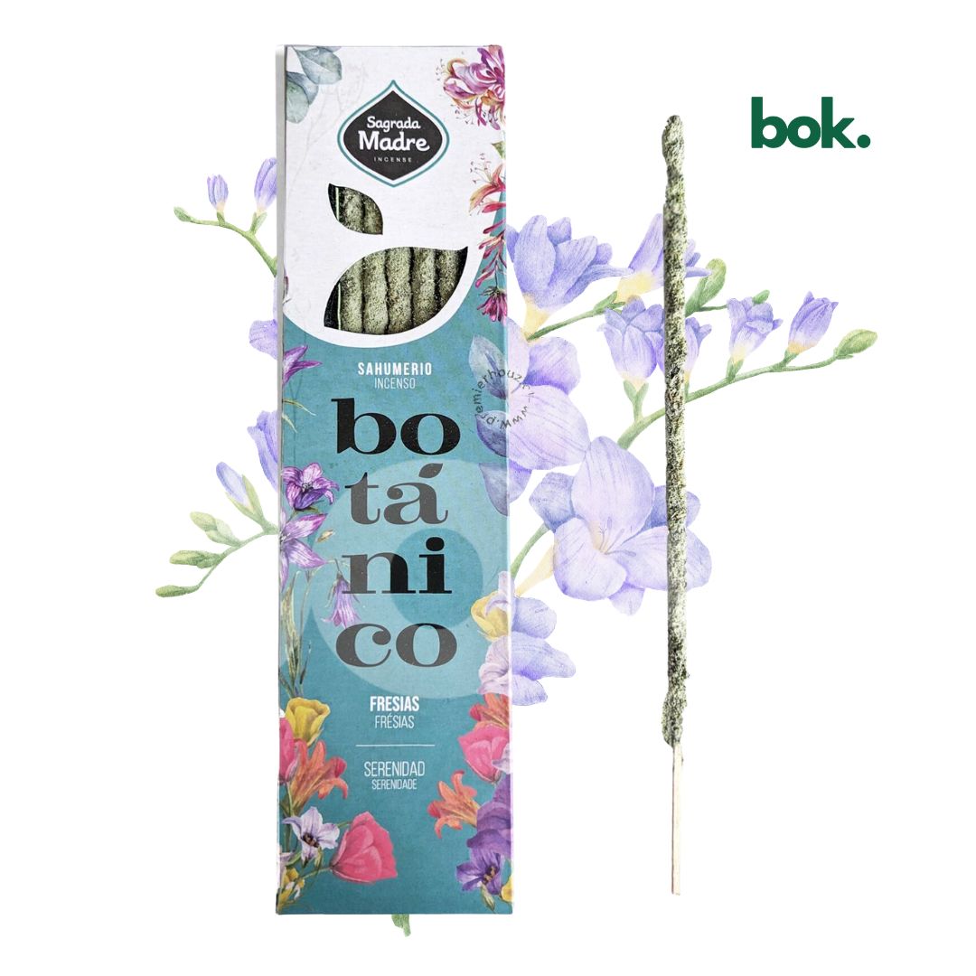 incienso 100% natural de fresias para serenidad y claridad mental en ambiente elegante, bok concept store quito ecuador, incienso botanico floral para reducir estres y armonizar espacios, bienestar emocional y energia positiva en el hogar