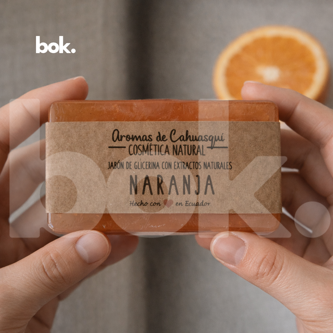 jabón de naranja de glicerina  Ecuador jabón artesanal natural BOK Concept Store Quito barra cítrica refrescante con etiqueta original