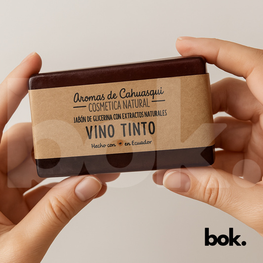 Jabón artesanal de glicerina con extracto de vino tinto 150g Aromas de Cahuasquí, disponible en BOK Concept Store Ecuador, cosmética natural hidratante y antioxidante