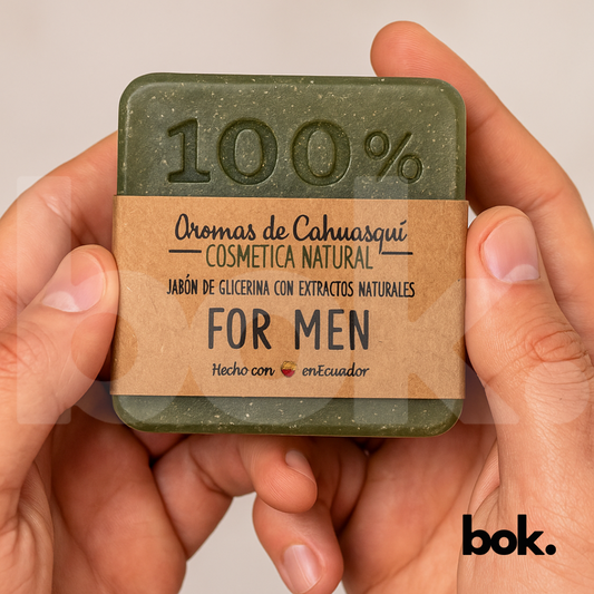 Jabón artesanal For Men de 55 g Aromas de Cahuasquí, hecho en Ecuador con glicerina y extractos naturales. Disponible en BOK Concept Store, ideal para cuidado masculino y rutina de higiene diaria