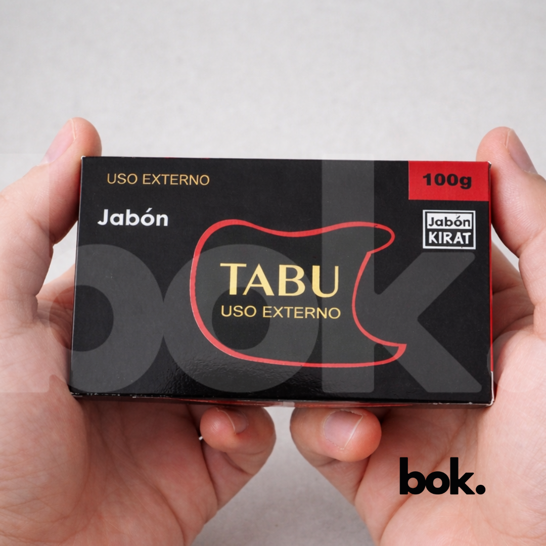 Jabón Tabú de uso externo producto espiritual, asociado a rituales de limpieza energética y protección, estilo BOK Concept Store, fondo neutro y estética sofisticada.