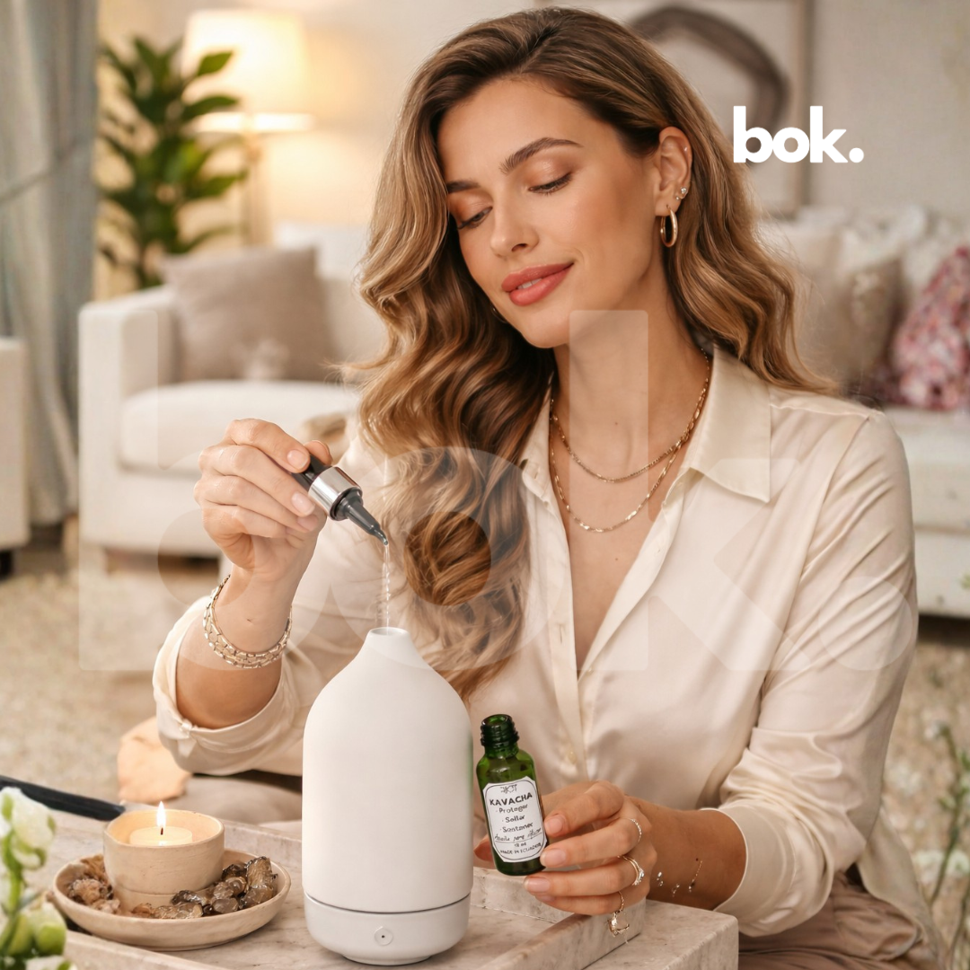 Mujer elegante usando aceite para difusor KAVACHA de BOK Concept Store en un ambiente sofisticado, ritual moderno de protección energética y bienestar consciente en el hogar