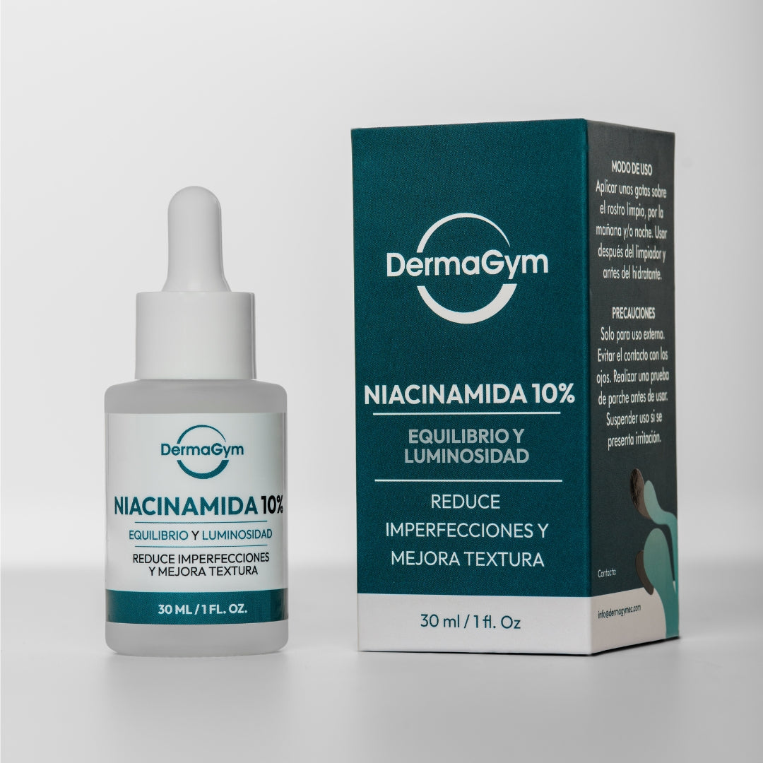 Sérum de Niacinamida 10% DermaGym exhibido con su caja en fondo blanco, disponible en BOK Concept Store, ideal para equilibrar la piel y mejorar textura.