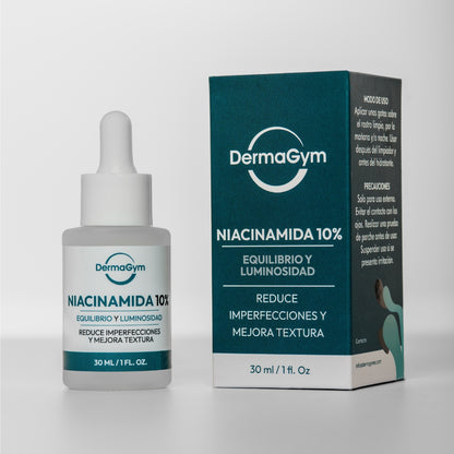 Sérum de Niacinamida 10% DermaGym exhibido con su caja en fondo blanco, disponible en BOK Concept Store, ideal para equilibrar la piel y mejorar textura.