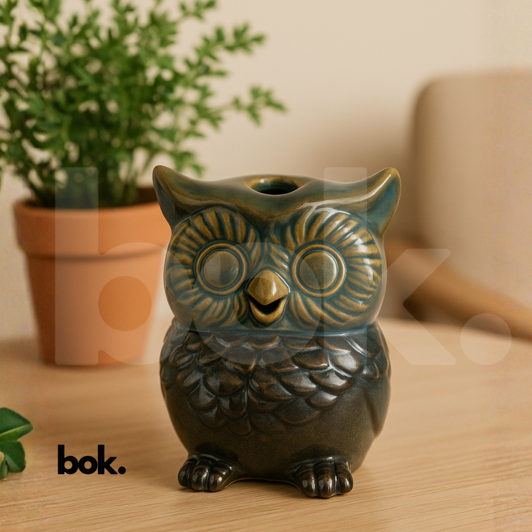 Porta conos de búho de BOK Concept Store, elaborado en cerámica artesanal, usado con un cono de incienso que libera humo suave para purificar y armonizar espacios, ideal para rituales de meditación, limpieza energética y decoración espiritual.