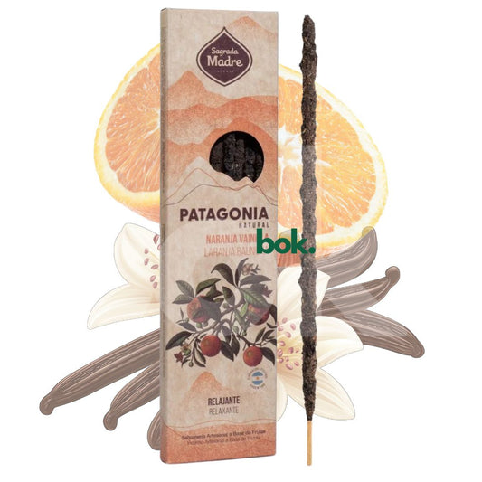 incienso 100% natural de naranja y vainilla patagonica para relajacion y bienestar en ambiente acogedor, bok concept store quito ecuador, incienso botanico para reducir estres y crear calma emocional en el hogar