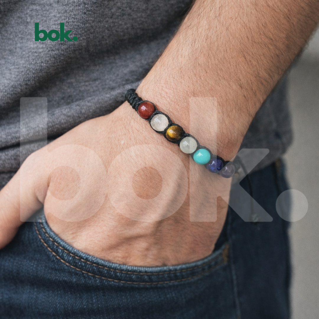 Detalle de pulsera 7 chakras con amatista, lapislázuli, turquesa, cuarzo, ojo de tigre y ágata BOK