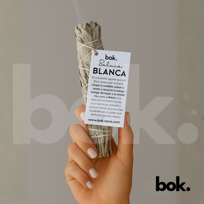 Sahumerio de Salvia Blanca de BOK sobre fondo blanco, atado con hilo natural y etiqueta visible. Planta sagrada utilizada para limpieza energética y purificación del hogar.