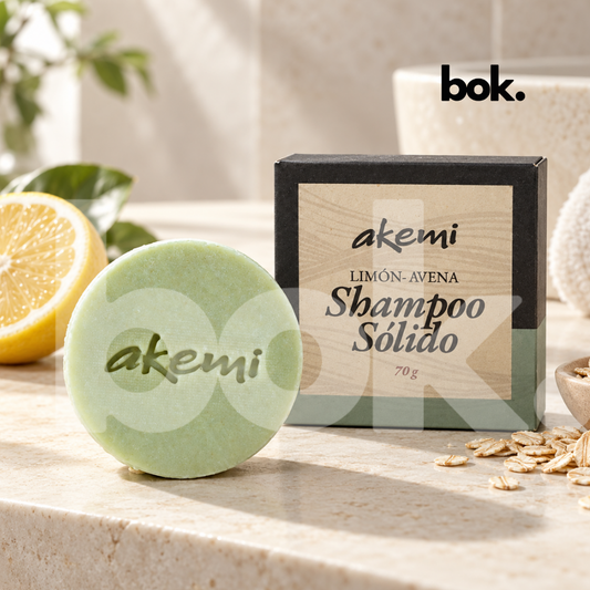 Shampoo sólido Akemi de limón y avena para un ritual de limpieza, claridad y renovación, junto a su empaque en BOK Concept Store Ecuador.