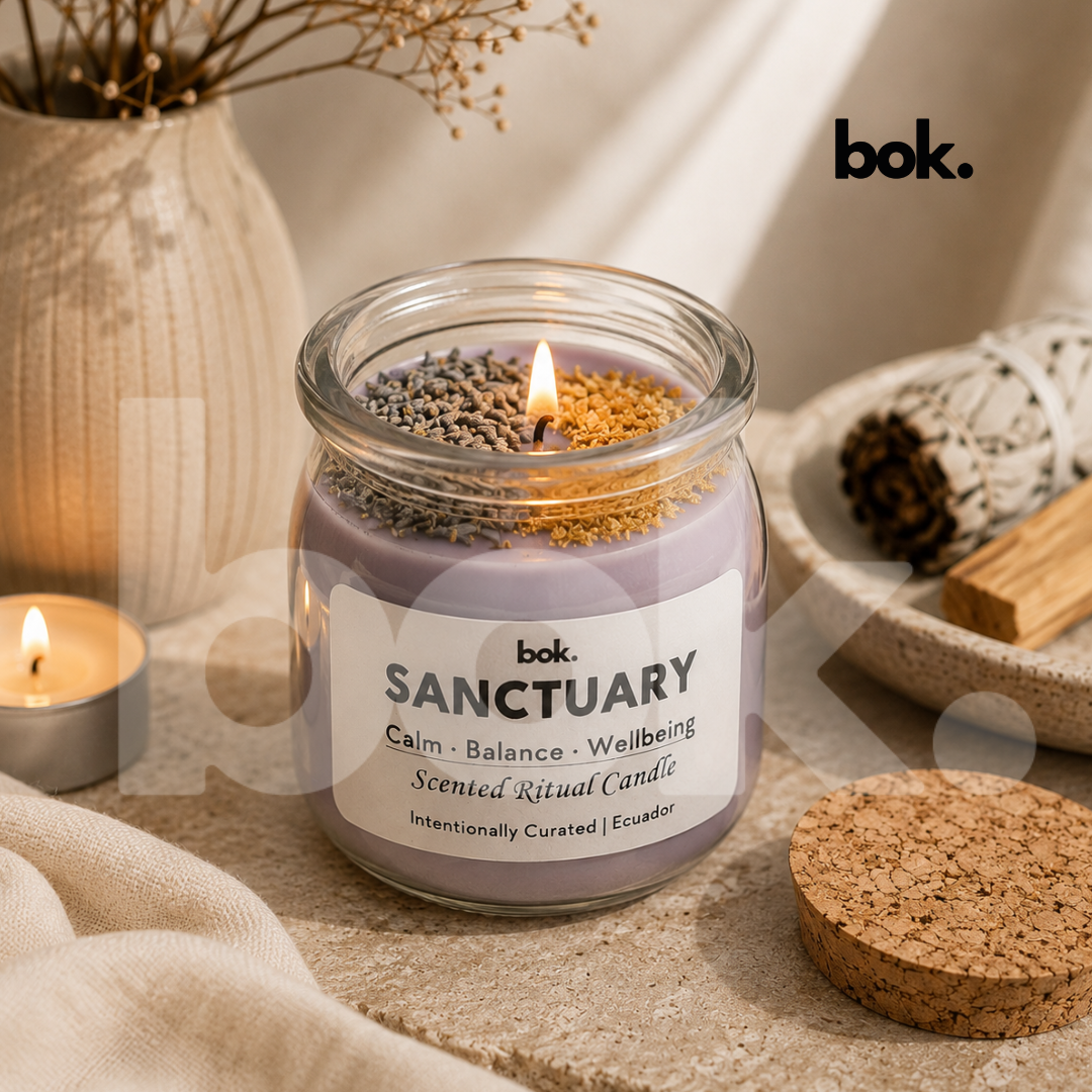 Vela aromática SANCTUARY de BOK Concept Store Ecuador encendida en ambiente lifestyle sofisticado, vela ritual premium con diseño editorial minimalista para crear una atmósfera de calma, equilibrio y bienestar en el hogar.
